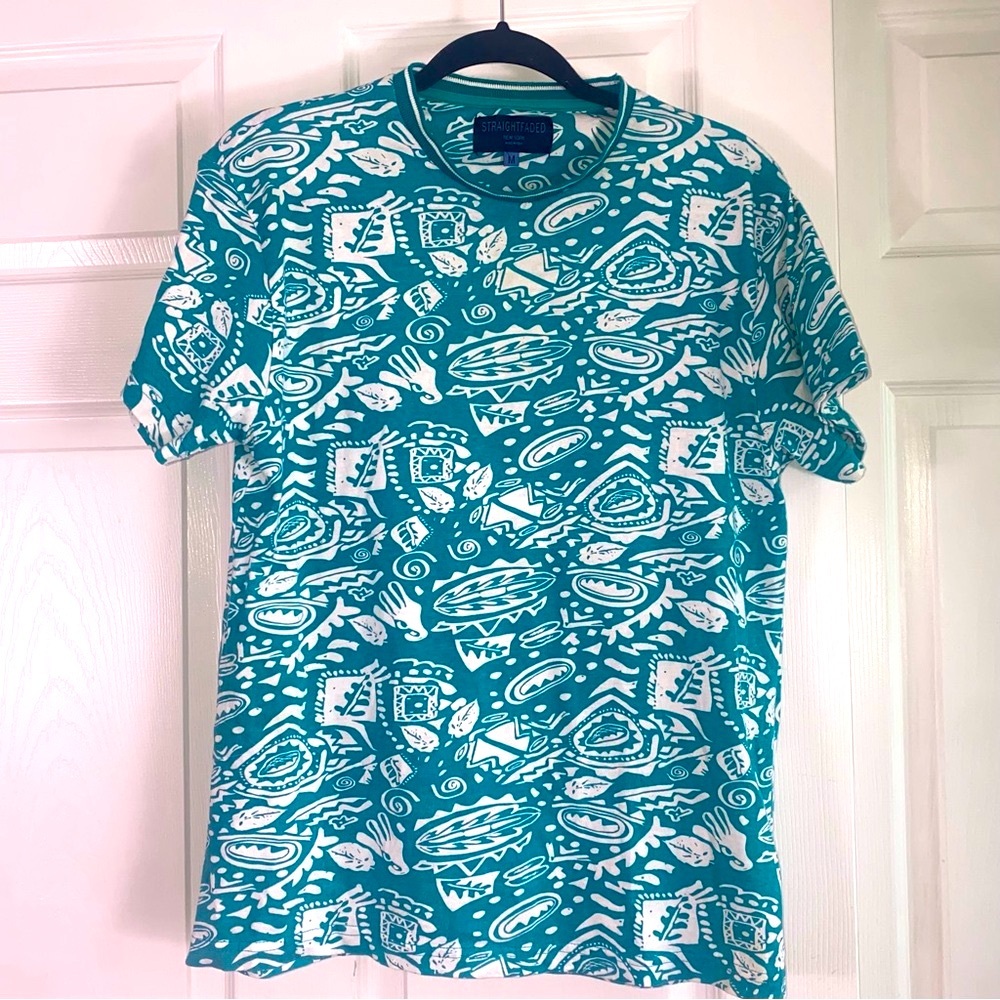STRAIGHTFADED Men’s Teal and White Patterned T-shirt